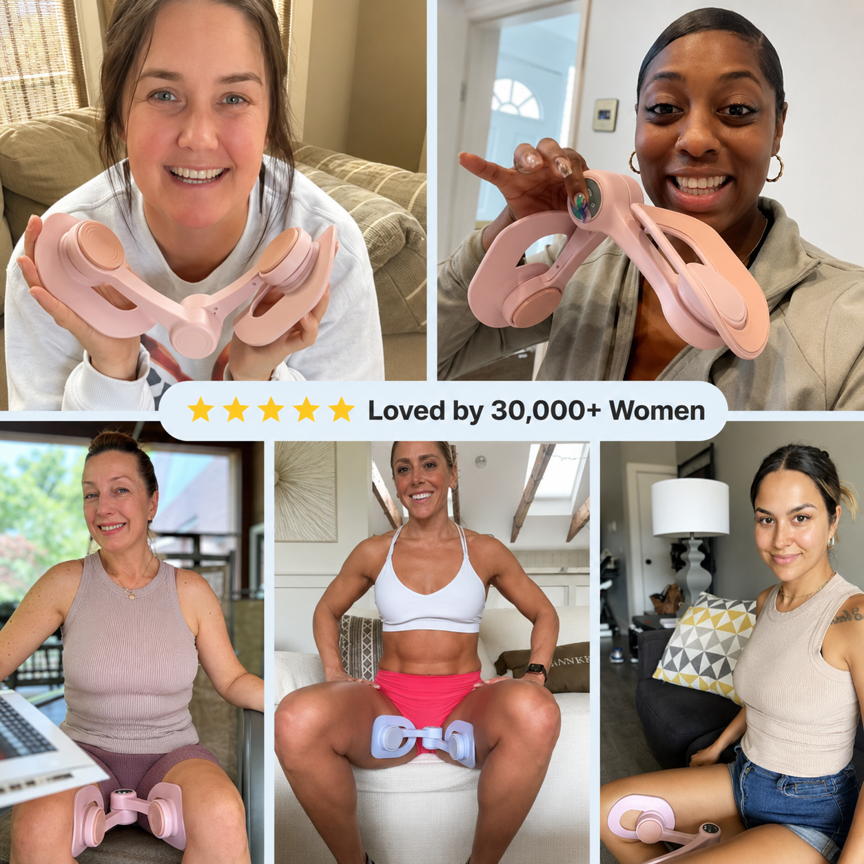 Woman using Coconee pelvic floor thigh trainer for bladder confidence and inner thigh resistance training