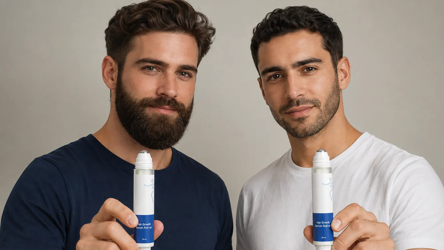 Two men holding COCONEE Beard Growth Serum Roll-On